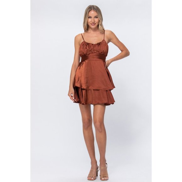 Brown Satin Ruffle Mini Dress - Picture 2 of 6